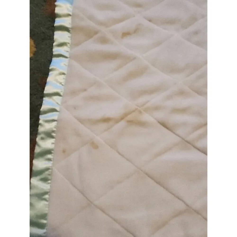 My Way Babies White Plush Baby Security Blanket w Green Satin Edge‎ Some Stains